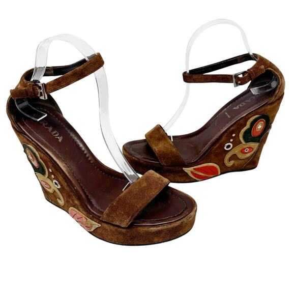 Vintage Prada Brown Suede Embroidered Wedge Sandals 39.5 Platform Designer Heels - Picture 1 of 8